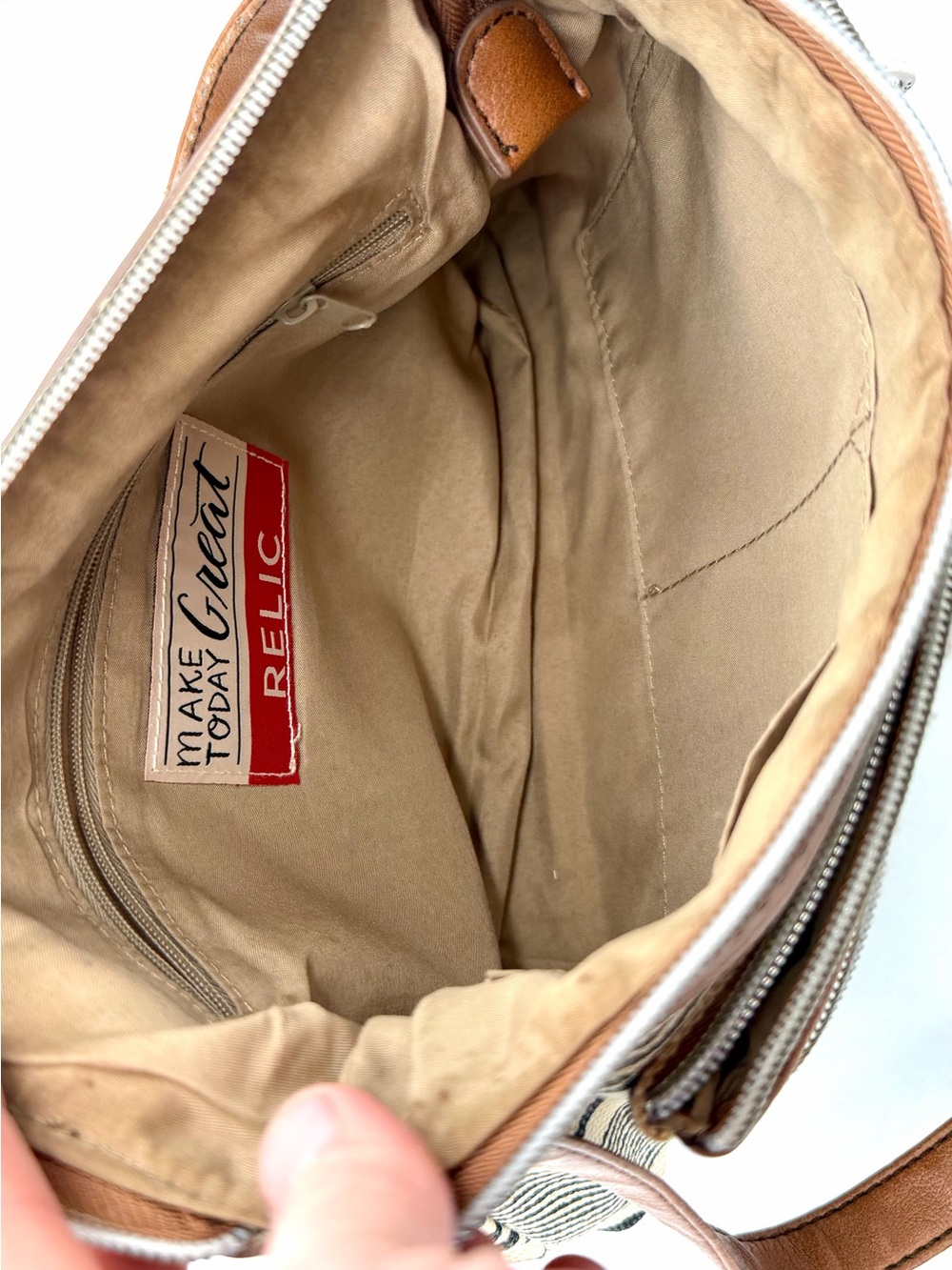 Relic Striped Canvas Crossbody Bag Tan Faux Leather Trim Multi Pocket Boho Purse - Picture 9 of 16